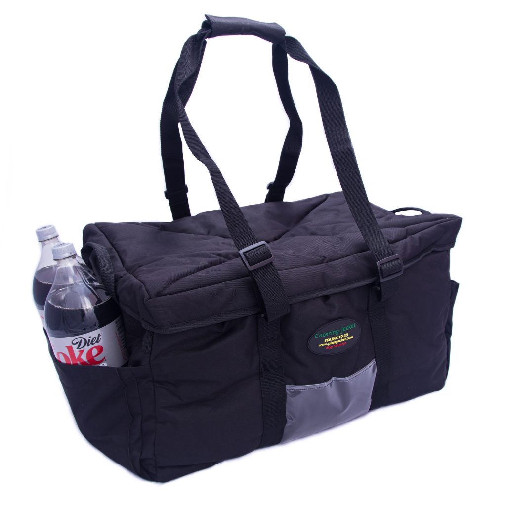 catering bag with drinks in side pouch