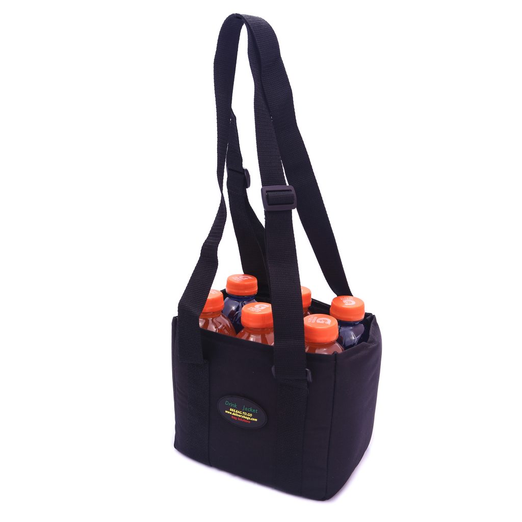 Drink carrier jacket holding 6 bottles of gatorade
