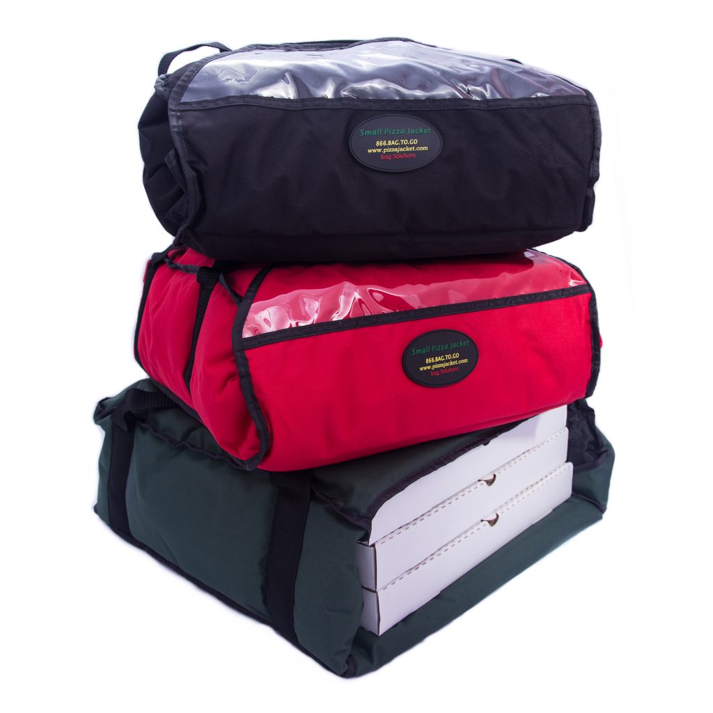 Showcase of small pizza delivery bags