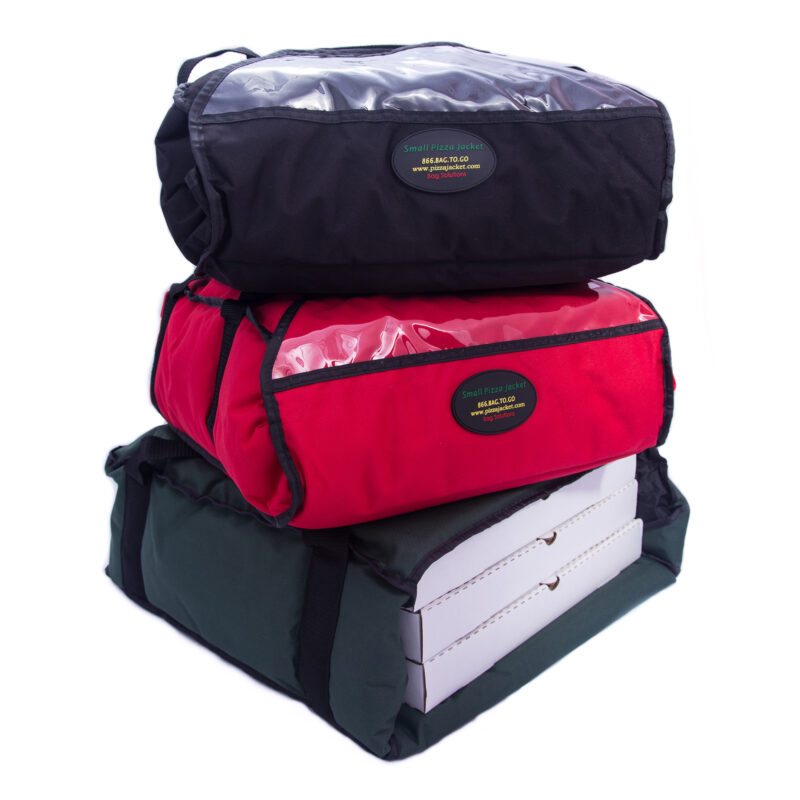 Showcase of small pizza delivery bags