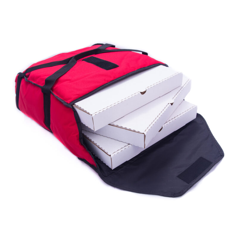 Small red pizza delivery bag holding 3 pizzas