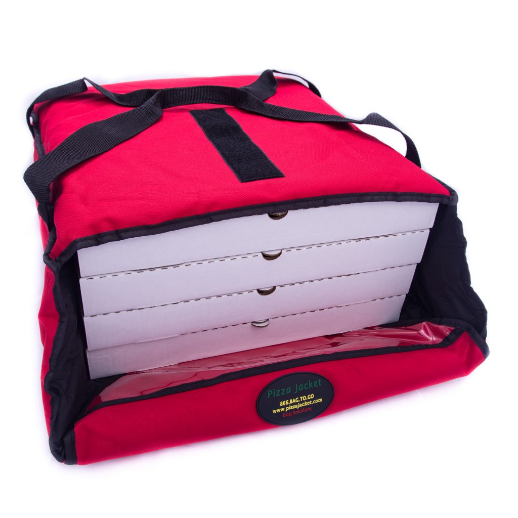 standard red pizza bag carrying 4 pizzas