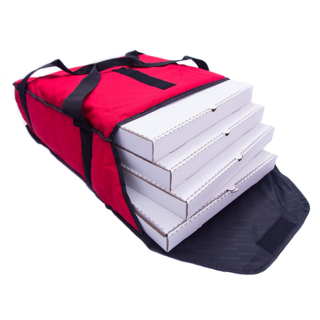 Standard red pizza bag holding 4 pizzas
