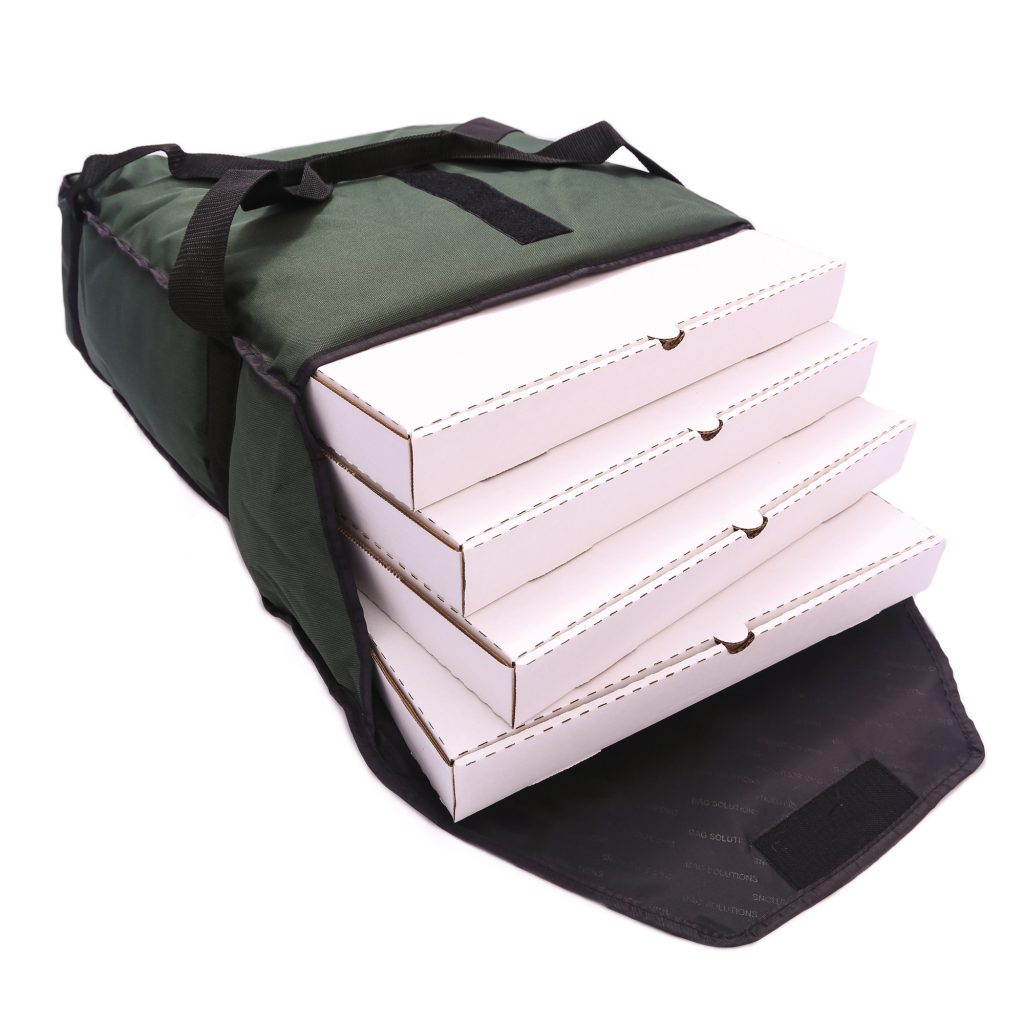 Standard forest green pizza bag carrying 4 pizzas